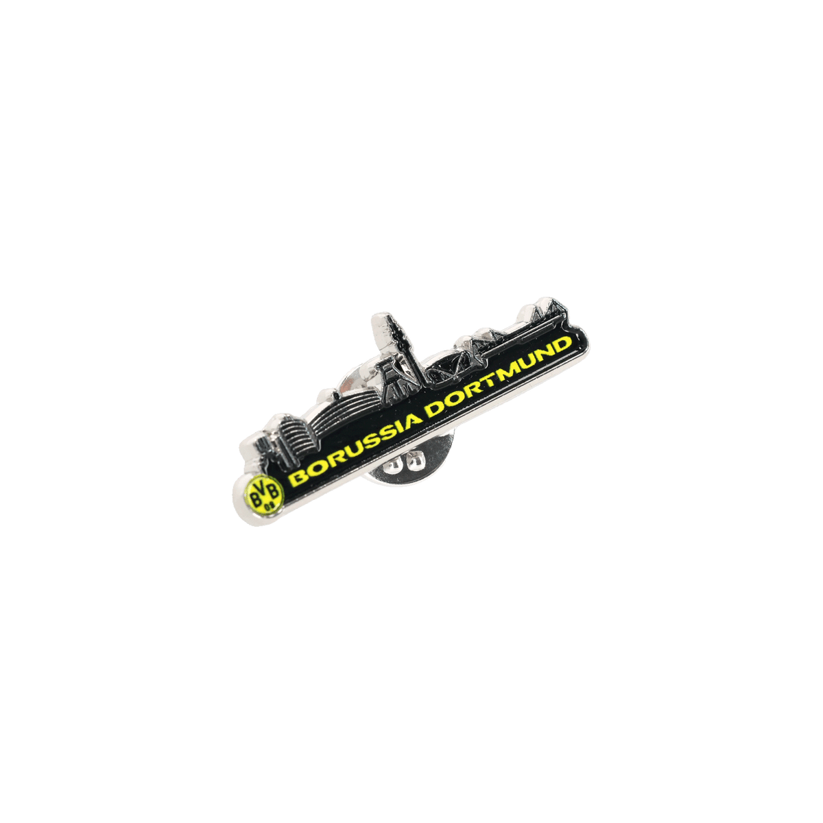 BVB-Pin mit Skyline-Motiv und Borussia Dortmund Logo in Schwarzgelb, ein ideales Fan-Accessoire.