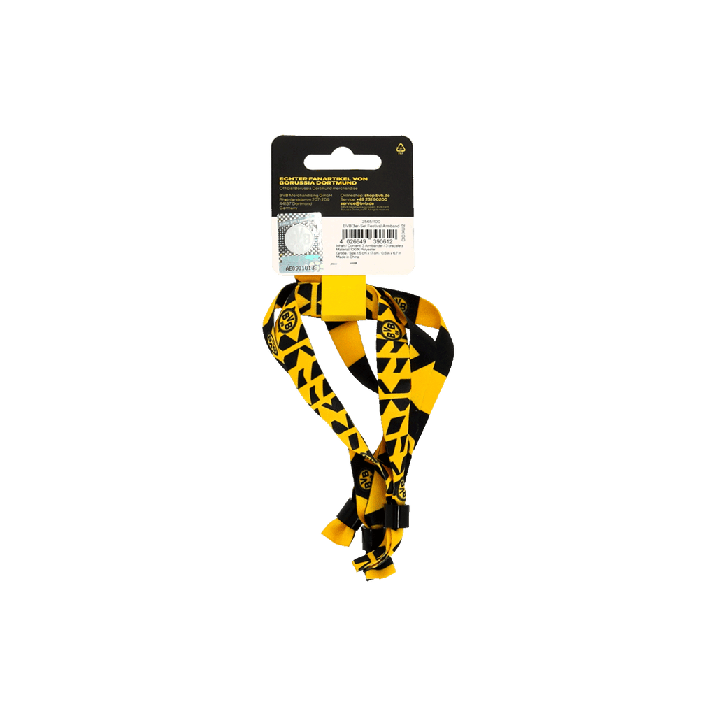 Lot de 3 bracelets de festival du BVB aux couleurs noir et jaune, arborant le logo du BVB et un motif graphique stylisé. Un article idéal pour les supporters du Borussia Dortmund.