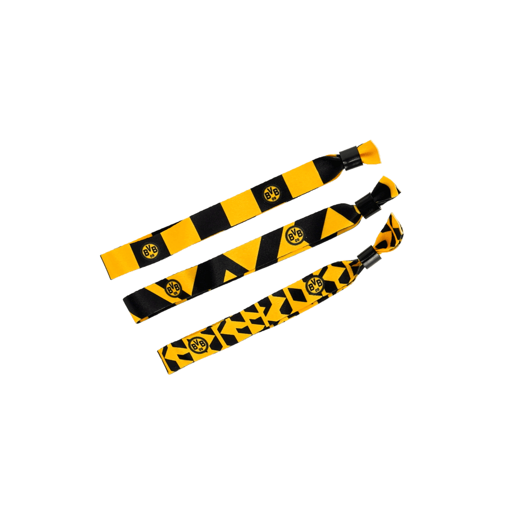 Lot de trois bracelets de festival noir et jaune, ornés du logo du BVB et de motifs variés : un accessoire tendance pour les fans du Borussia Dortmund.