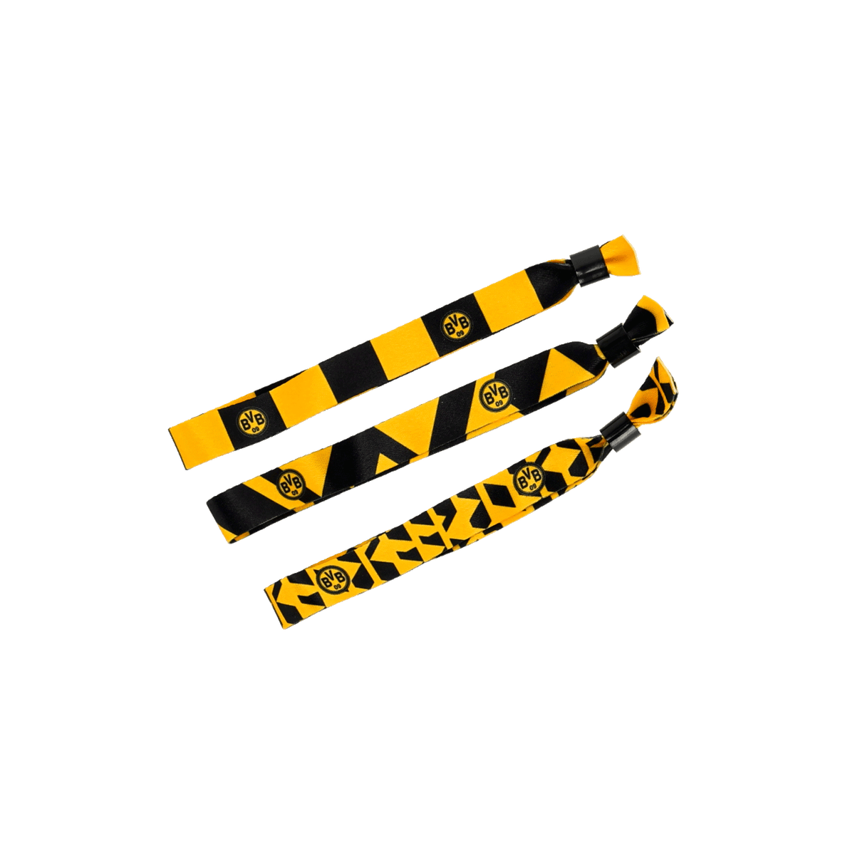 Lot de trois bracelets de festival noir et jaune, ornés du logo du BVB et de motifs variés : un accessoire tendance pour les fans du Borussia Dortmund.