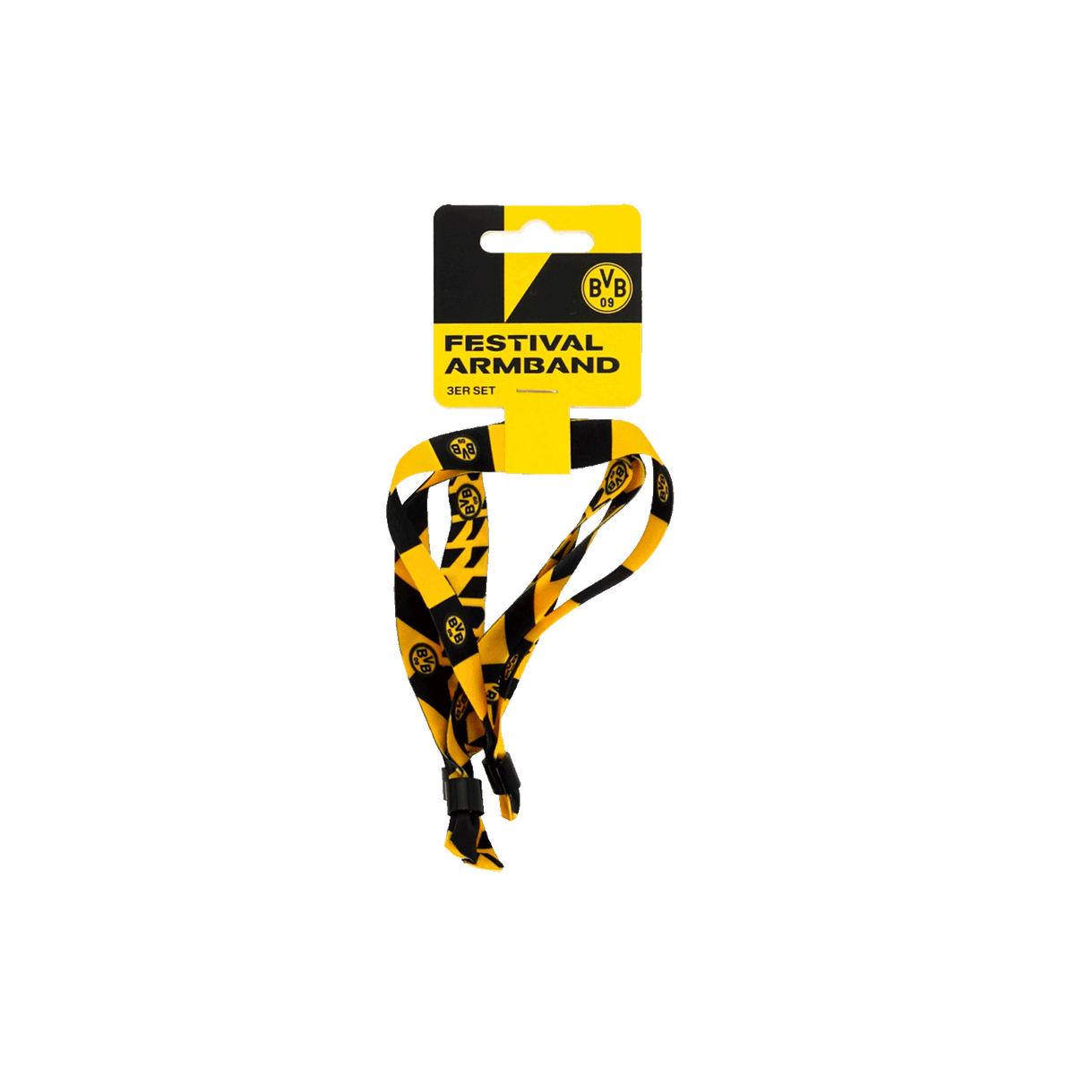 Elegante juego de 3 pulseras del BVB para festivales, en los colores del club (negro y amarillo), con el logotipo del BVB y diseños modernos: el complemento perfecto para los aficionados del Borussia Dortmund.