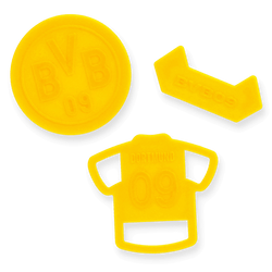 Gelbes BVB-Keksausstecher-Set mit drei verschiedenen Formen: BVB-Logo, BVB 09-Schriftzug und Trikot mit Rückennummer 09. Perfekt für Borussia Dortmund Fans.