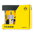 BVBの黒と黄色の冬・クリスマスマグカップ。冬らしいモチーフが施されており、BVBのロゴが入った魅力的な黄色のパッケージに入っています。