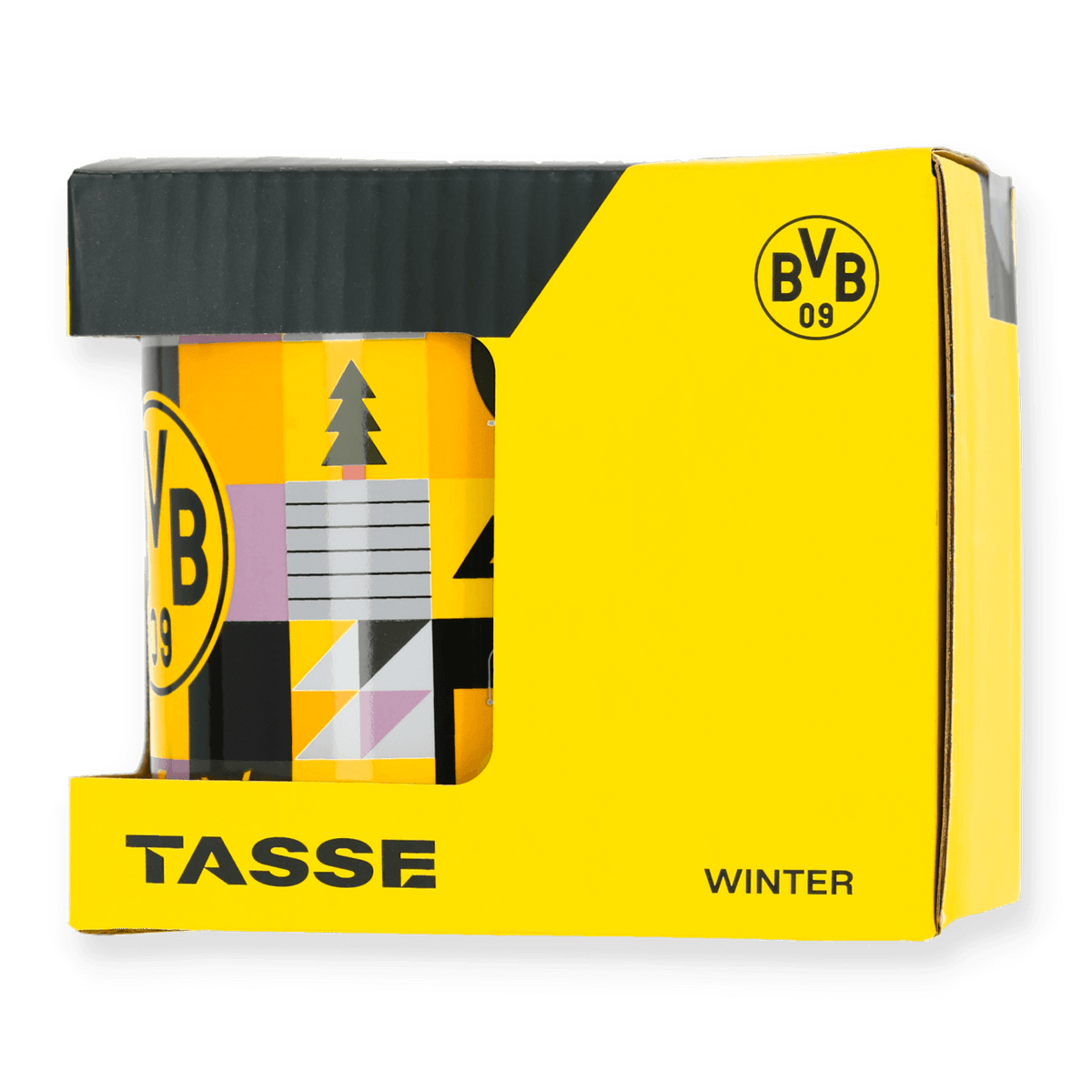 BVBの黒と黄色の冬・クリスマスマグカップ。冬らしいモチーフが施されており、BVBのロゴが入った魅力的な黄色のパッケージに入っています。