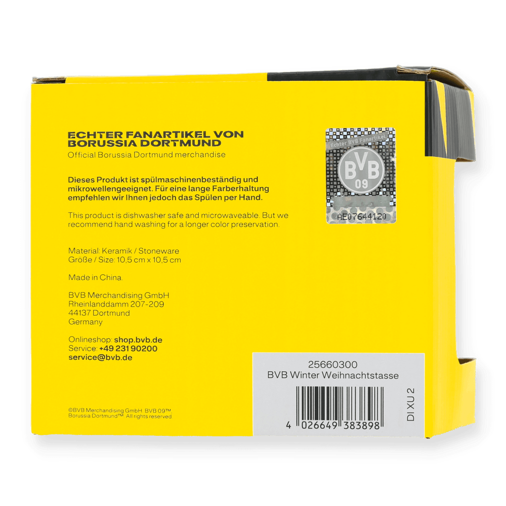 Gelbe Verpackung der BVB Winter-Weihnachtstasse mit BVB-Logo und Produktbeschreibung. Offizieller Fanartikel von Borussia Dortmund.