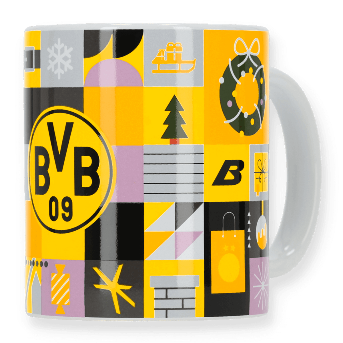 Festliche BVB-Winter-Weihnachtstasse in schwarzgelben Farben mit BVB-Logo und weihnachtlichen Motiven, ideal für Fans und gemütliche Wintertage.