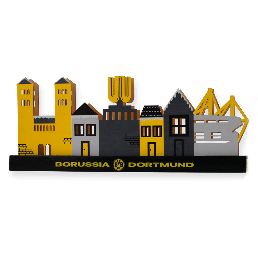 Decorative BVB Christmas village featuring the Dortmund city skyline in black and yellow, including the SIGNAL IDUNA PARK stadium—perfect for fans and holiday decorations.