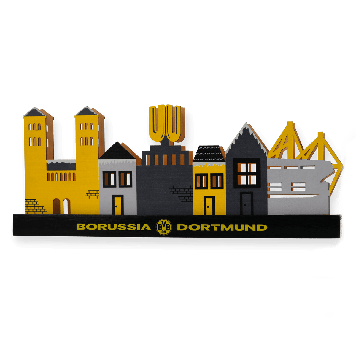 Decorative BVB Christmas village featuring the Dortmund city skyline in black and yellow, including the SIGNAL IDUNA PARK stadium—perfect for fans and holiday decorations.