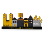 Dekoratives BVB-Weihnachtsdorf mit Dortmunds Stadtsilhouette in schwarzgelb, inklusive des SIGNAL IDUNA PARK Stadions, ideal für Fans und Feiertagsdekoration.