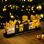 BVB Weihnachtsdorf aus Holz mit LED-Beleuchtung in schwarzgelb, dekorative Darstellung von Stadtsilhouetten mit BVB-Logo, perfekt als Weihnachtsdekoration für Borussia Dortmund Fans.