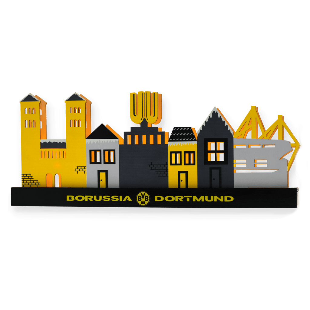 Decorative BVB Christmas village in black-and-yellow colors, featuring a cityscape, the stadium, and the Borussia Dortmund logo; perfect as a fan item or gift.