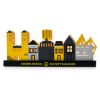 Decorative BVB Christmas village in black-and-yellow colors, featuring a cityscape, the stadium, and the Borussia Dortmund logo; perfect as a fan item or gift.
