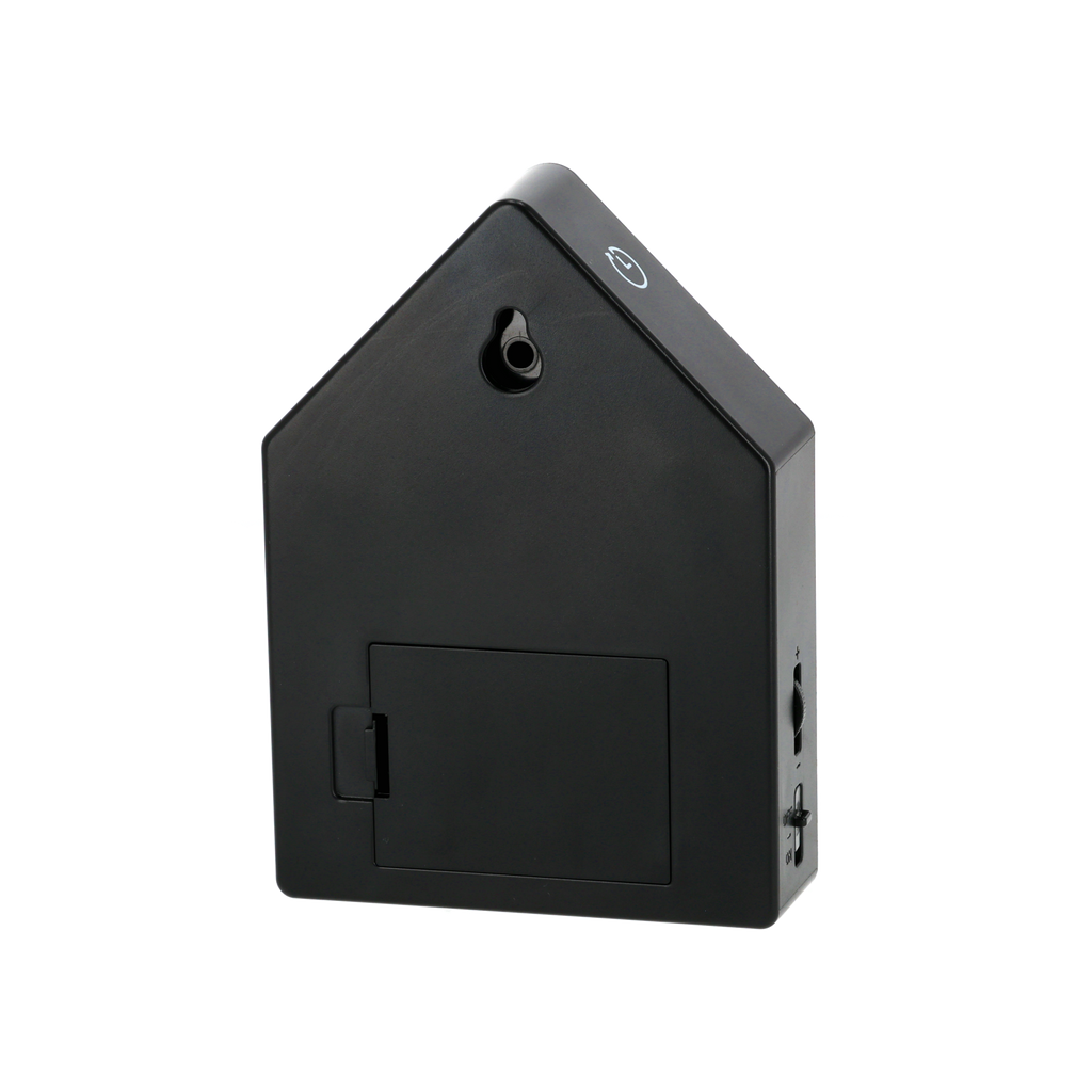 Schwarze hausförmige Kunststoffbox, Rückansicht mit Batteriefach und Vorrichtung zur Wandmontage.