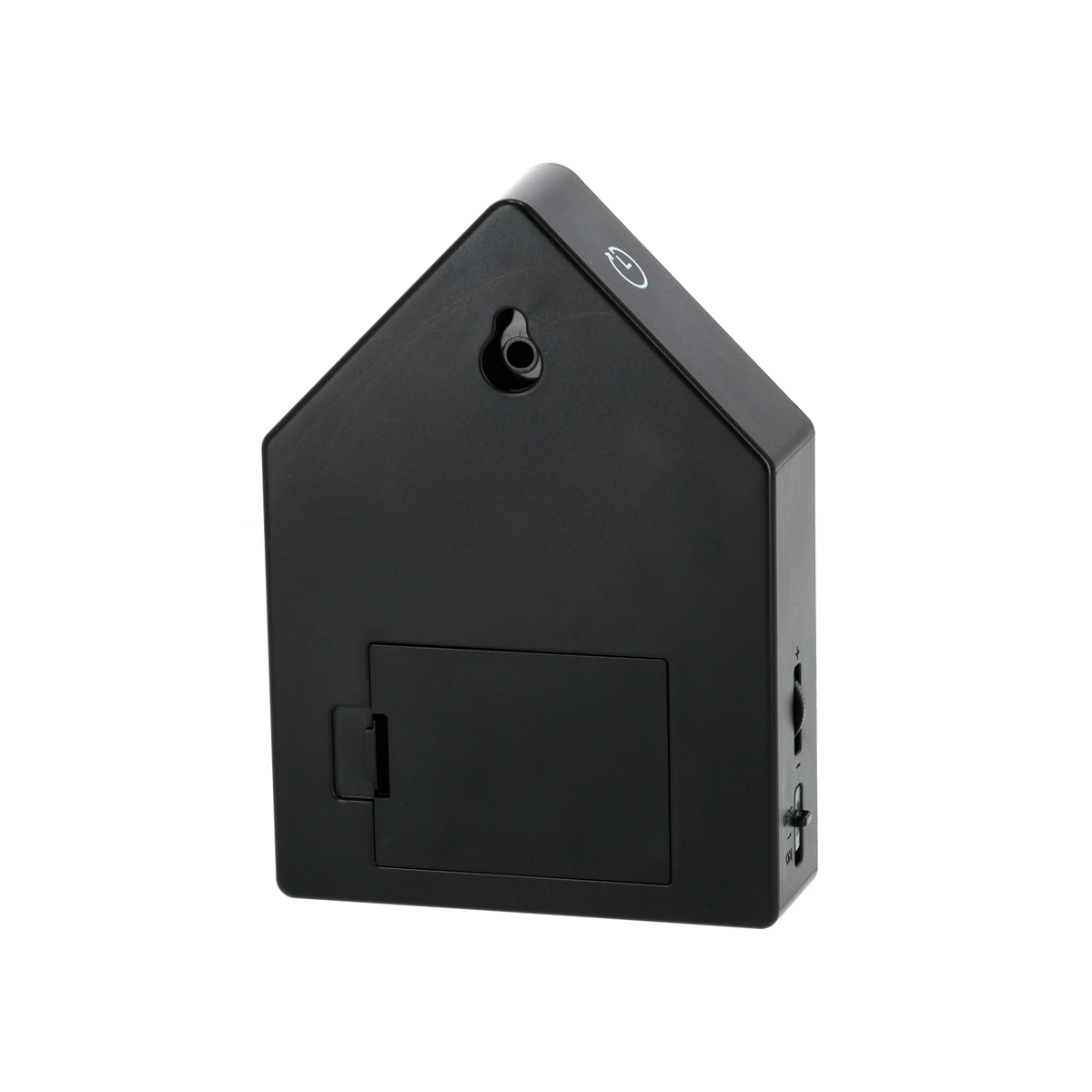 Schwarze hausförmige Kunststoffbox, Rückansicht mit Batteriefach und Vorrichtung zur Wandmontage.