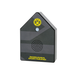 Détecteur de mouvement noir et jaune, orné du logo du BVB et d'une grille de haut-parleur, idéal pour l'entrée.