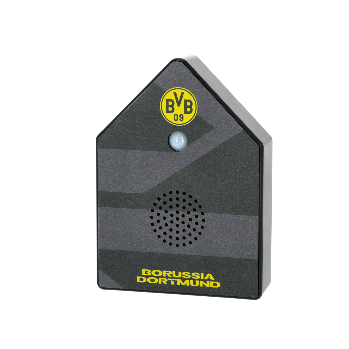 Schwarzgelber Bewegungsmelder mit BVB-Logo und Lautsprechergitter, optimal für den Eingangsbereich.