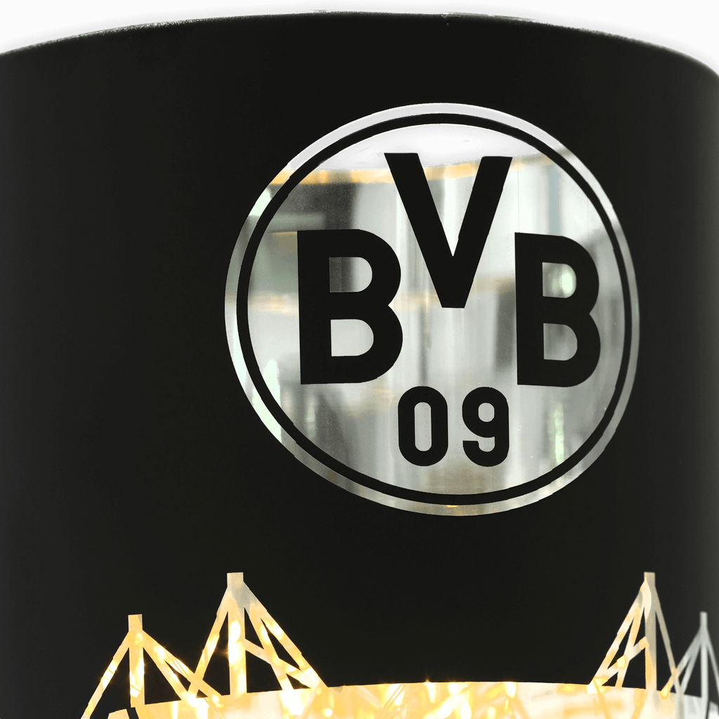 黑色多特蒙德（BVB）灯笼，饰有发光球场图案和透明的多特蒙德队徽，是球迷装饰的理想之选。