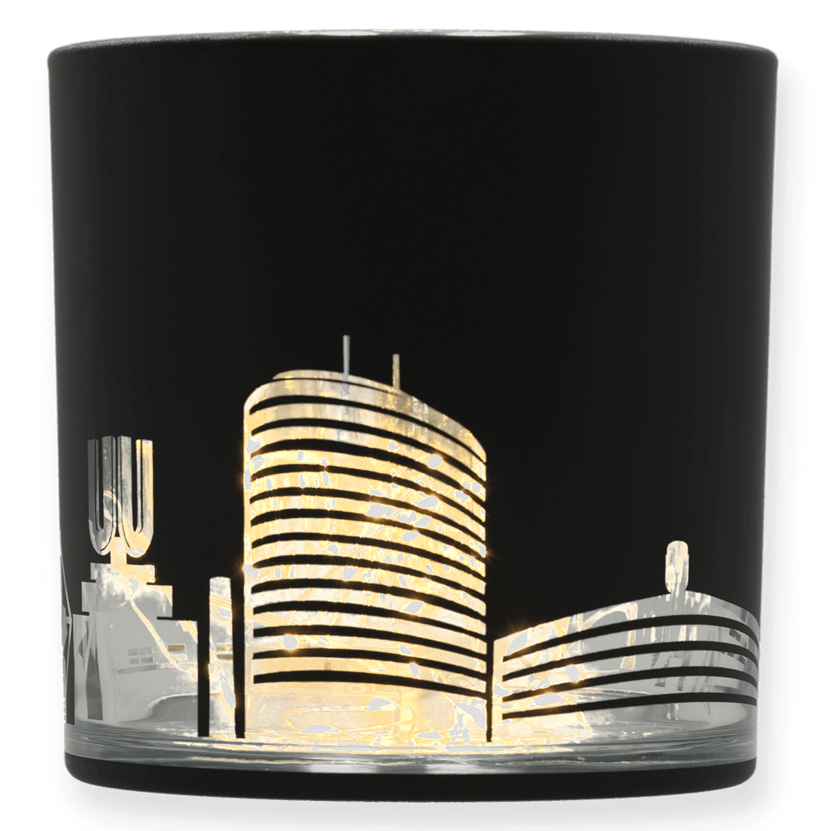Großes schwarzes BVB-Windlicht mit dekorativem Skyline-Motiv von Dortmund, ideal als Accessoire oder Geschenk für Fans.