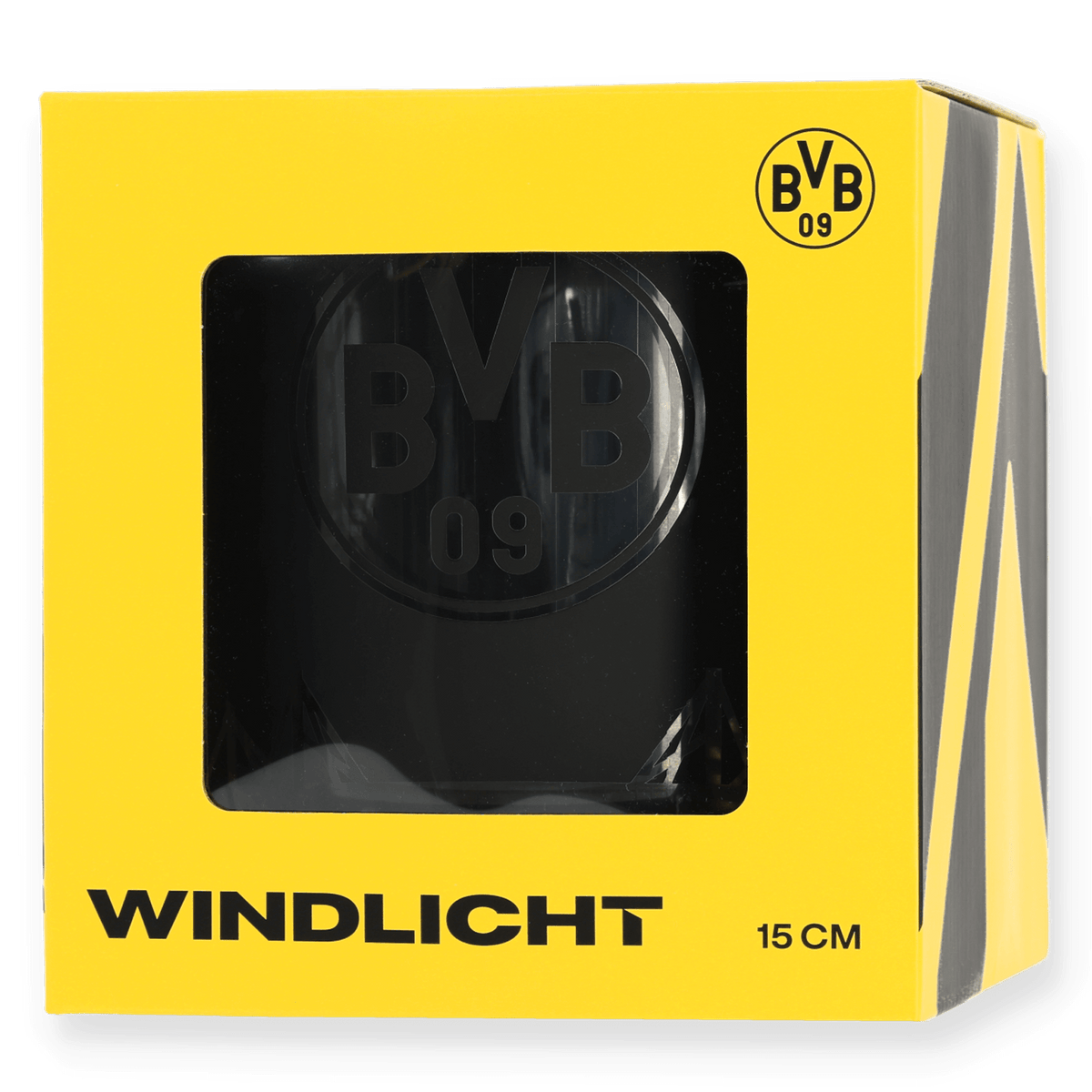 Großes Windlicht von Borussia Dortmund in schwarz mit BVB 09-Logo, geliefert in einer schwarzgelben Verpackung.