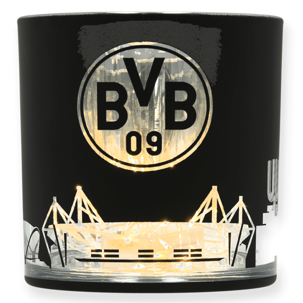 BVB-Windlicht in schwarz mit goldenen Lichteffekten, dargestellt ist der SIGNAL IDUNA PARK mit BVB-Logo, ideal als Dekoration für Fans.