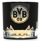 BVB-Windlicht in schwarz mit goldenen Lichteffekten, dargestellt ist der SIGNAL IDUNA PARK mit BVB-Logo, ideal als Dekoration für Fans.