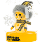 Décoration de Noël aux couleurs du BVB représentant un bonhomme de neige illuminé, coiffé d'un bonnet en fourrure gris-noir et d'une écharpe noire et jaune, posé sur un socle jaune portant l'inscription « Borussia Dortmund ».