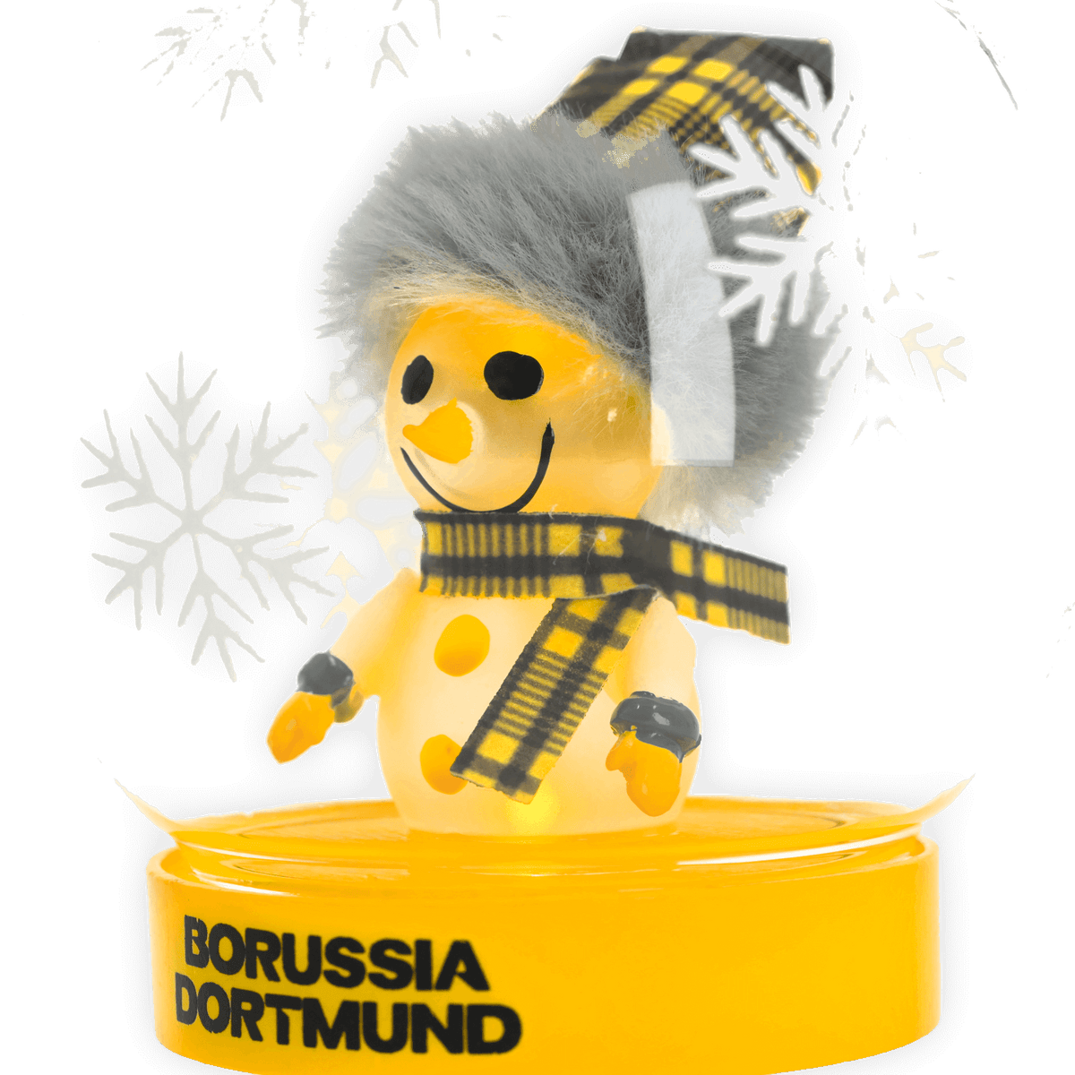 Décoration de Noël aux couleurs du BVB représentant un bonhomme de neige illuminé, coiffé d'un bonnet en fourrure gris-noir et d'une écharpe noire et jaune, posé sur un socle jaune portant l'inscription « Borussia Dortmund ».