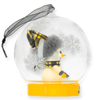 Boule à neige BVB avec motif de bonhomme de neige, équipée d'une lumière LED et d'une écharpe et d'un bonnet noir et jaune, idéale comme décoration de Noël pour les supporters du Borussia Dortmund.