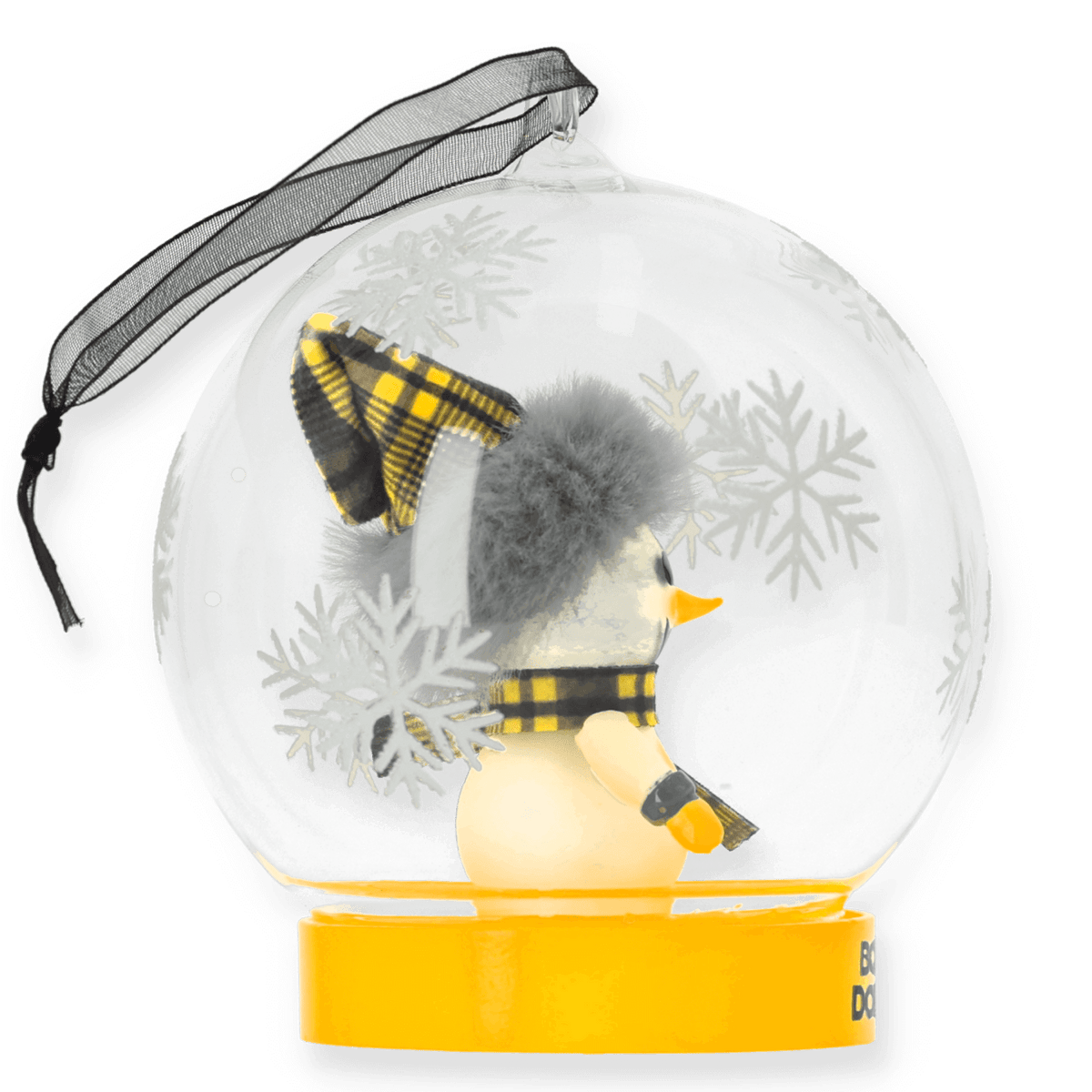 Boule à neige BVB avec motif de bonhomme de neige, équipée d'une lumière LED et d'une écharpe et d'un bonnet noir et jaune, idéale comme décoration de Noël pour les supporters du Borussia Dortmund.