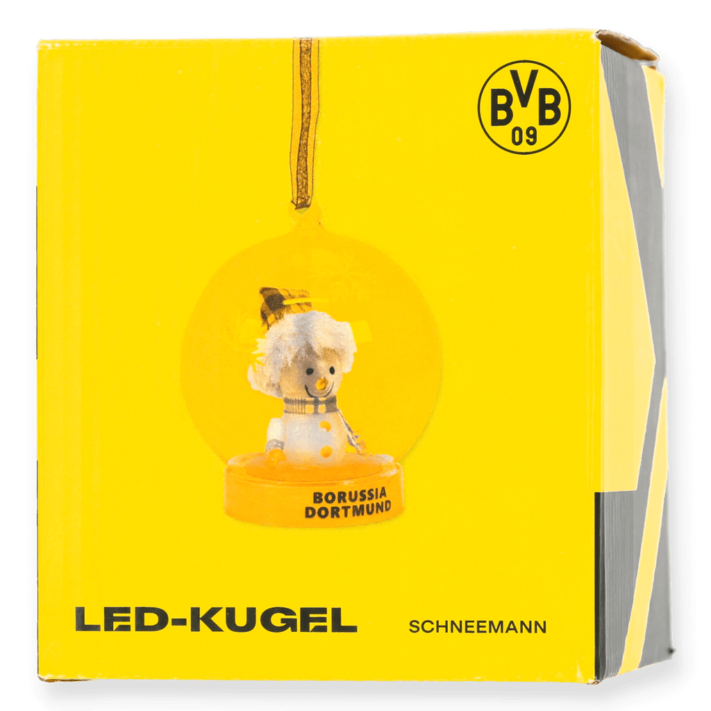 Boule LED jaune du BVB avec motif de bonhomme de neige, emballage cadeau orné du logo du BVB et de l'inscription « Borussia Dortmund », idéale comme décoration de Noël et pour les supporters.