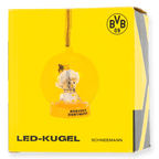 Boule LED jaune du BVB avec motif de bonhomme de neige, emballage cadeau orné du logo du BVB et de l'inscription « Borussia Dortmund », idéale comme décoration de Noël et pour les supporters.