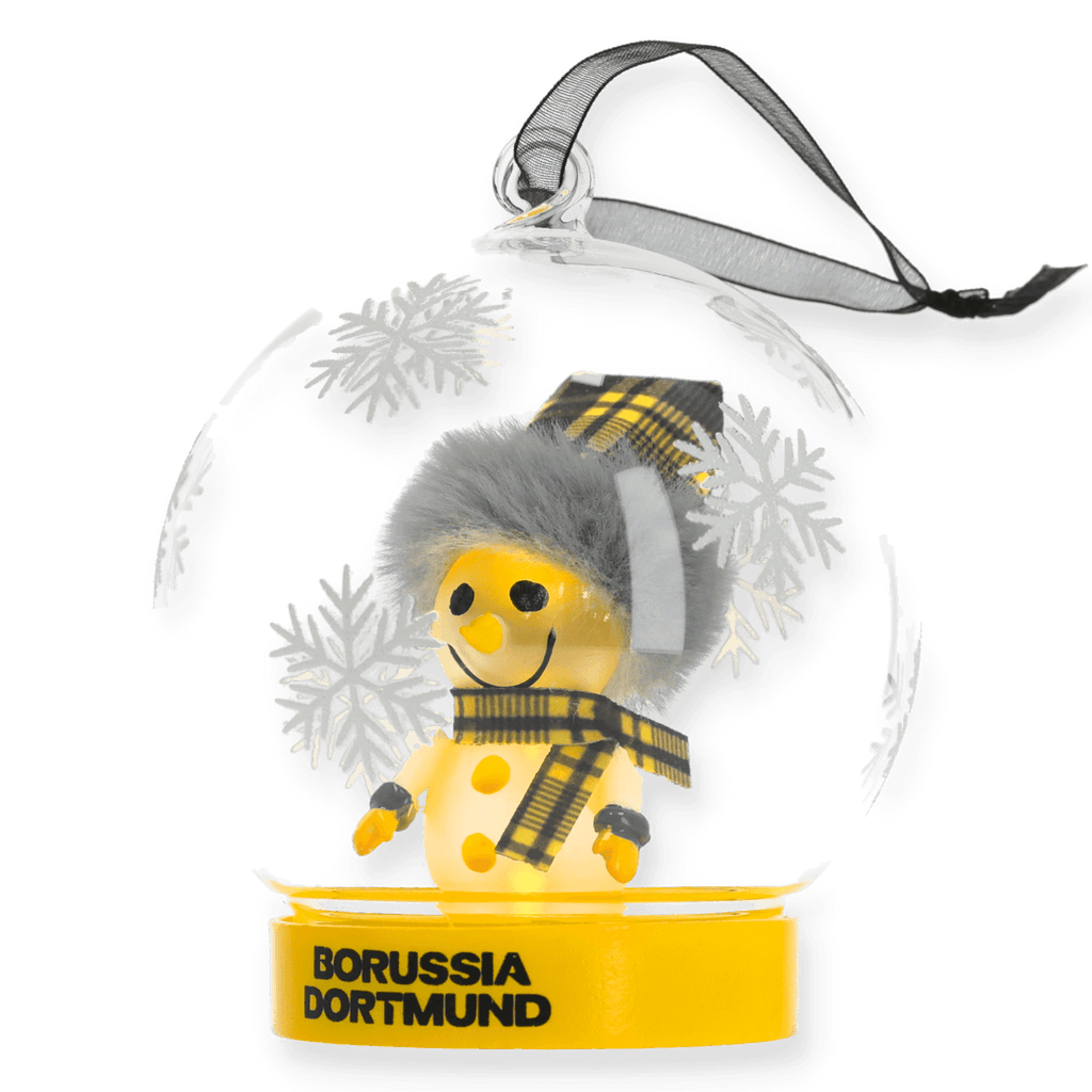 Boule de Noël lumineuse du BVB représentant un bonhomme de neige portant une écharpe noir et jaune. Idéale pour les supporters du Borussia Dortmund comme décoration festive.