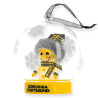 Boule de Noël lumineuse du BVB représentant un bonhomme de neige portant une écharpe noir et jaune. Idéale pour les supporters du Borussia Dortmund comme décoration festive.