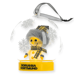 A glowing BVB Christmas ornament featuring a snowman wearing a black-and-yellow scarf. Perfect for Borussia Dortmund fans as a festive decoration.