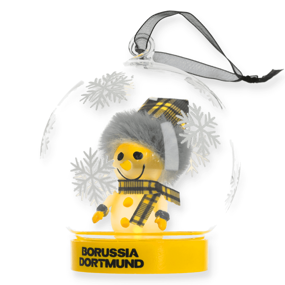 Boule de Noël lumineuse du BVB représentant un bonhomme de neige portant une écharpe noir et jaune. Idéale pour les supporters du Borussia Dortmund comme décoration festive.