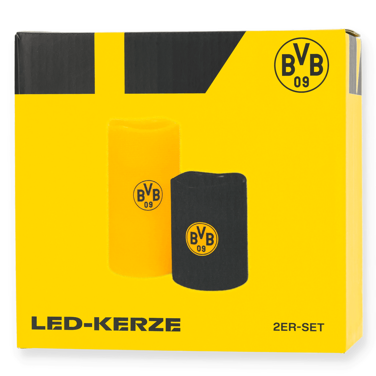 Set di 2 candele LED del BVB nei colori nero e giallo con il logo del BVB, perfette per i tifosi del Borussia Dortmund.