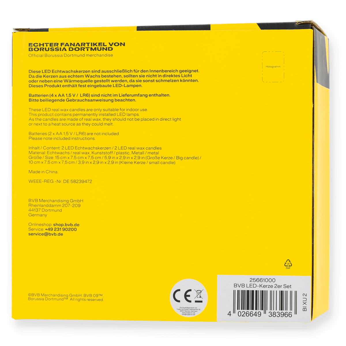 Set da 2 candele LED del BVB in vera cera, ideali per i tifosi del Borussia Dortmund; illuminazione decorativa per interni in confezione dai colori nero e giallo.