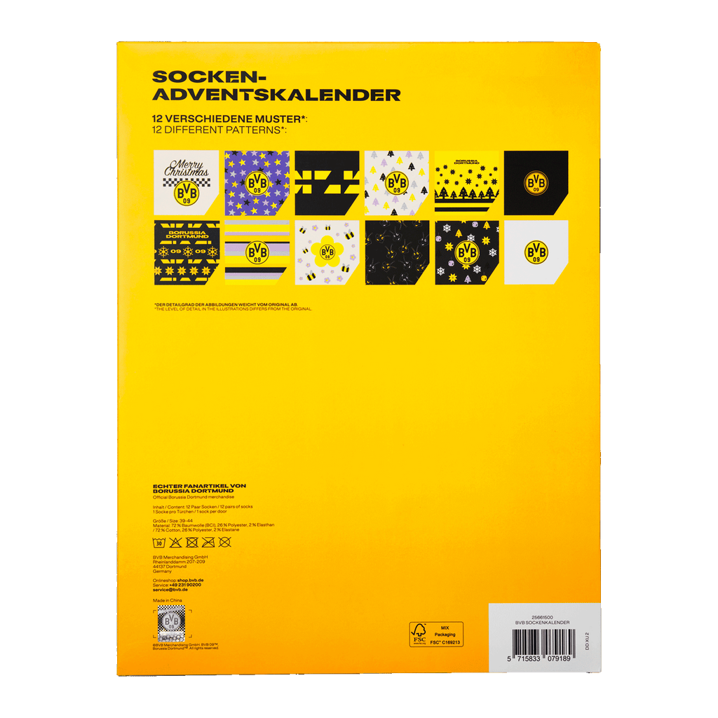 Black-and-yellow BVB sock Advent calendar featuring 12 different designs—a festive gift idea for Borussia Dortmund fans.
