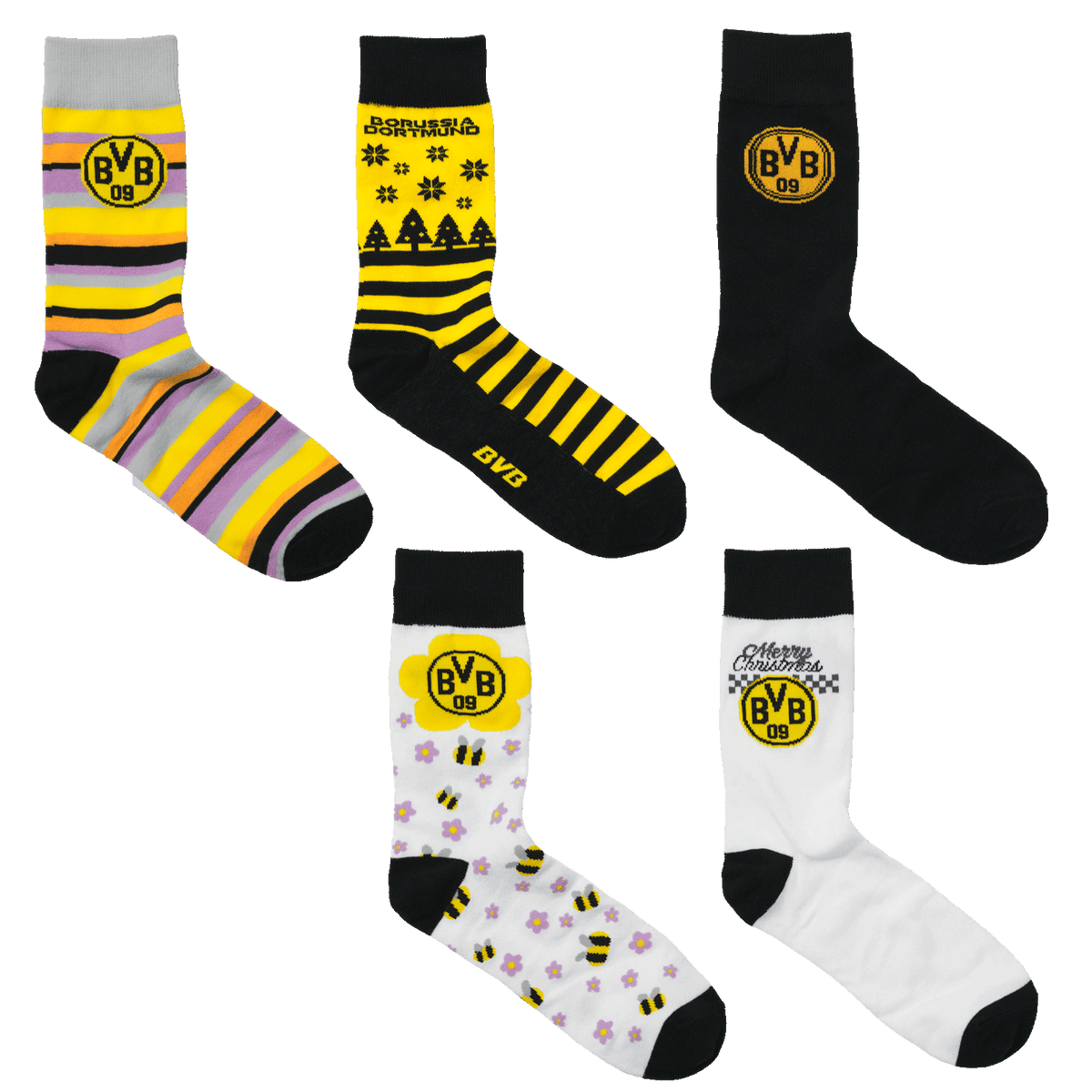 Advent calendar featuring BVB socks in various designs, including black-and-yellow stripes, the BVB logo, and Christmas motifs—perfect for BVB fans.