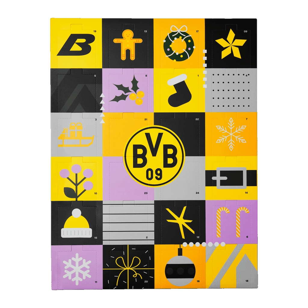 The BVB Sock Advent Calendar, featuring a black-and-yellow design, offers a great selection of socks with Borussia Dortmund motifs behind its 24 doors—perfect as a Christmas gift.