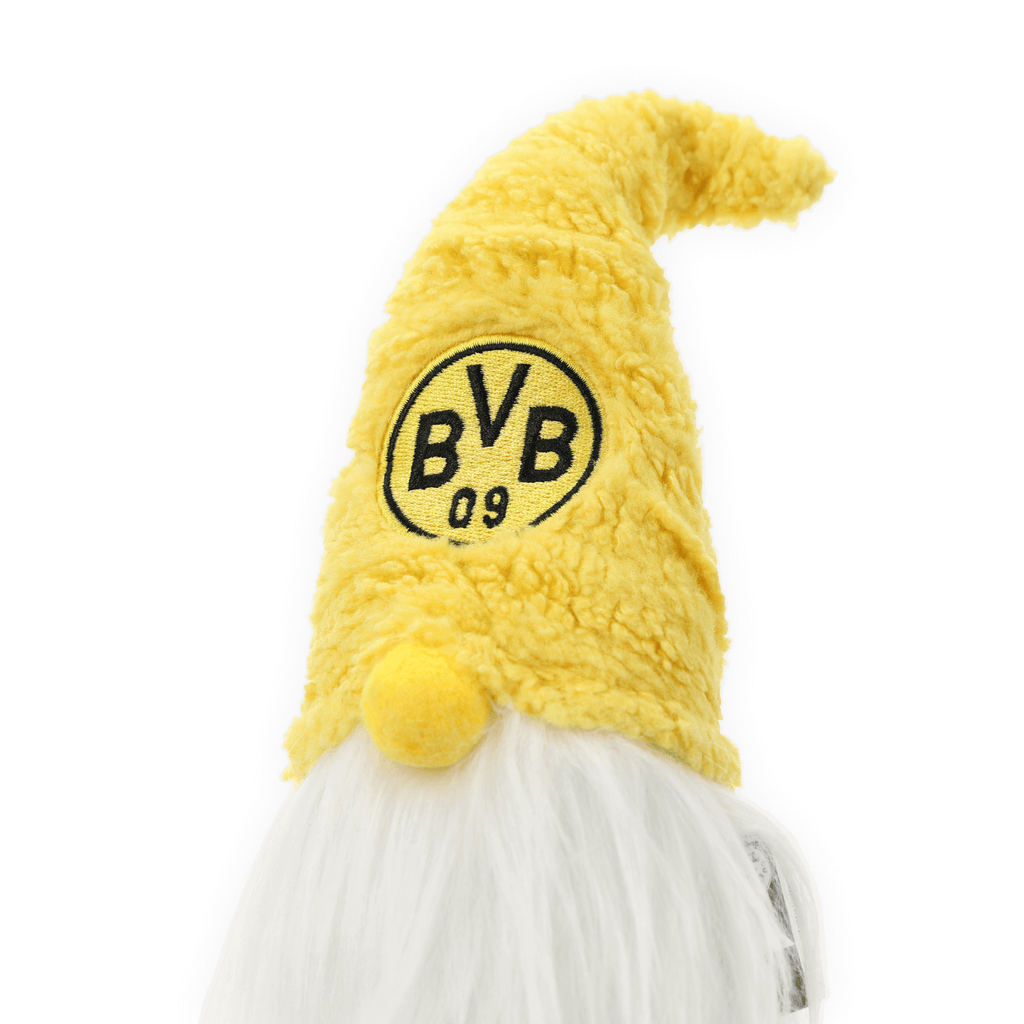 Un gnomo da salotto decorativo del BVB con berretto giallo e l’iconico logo nero e giallo del BVB, perfetto come gadget per i tifosi e come oggetto decorativo.