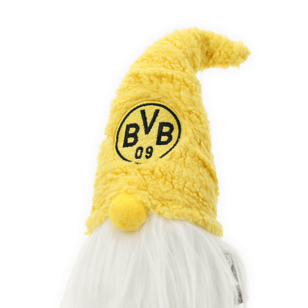 Ein dekorativer BVB-Sitzwichtel mit gelber Mütze und ikonischem schwarzgelbem BVB-Logo, perfekt als Fanartikel und Dekoration.