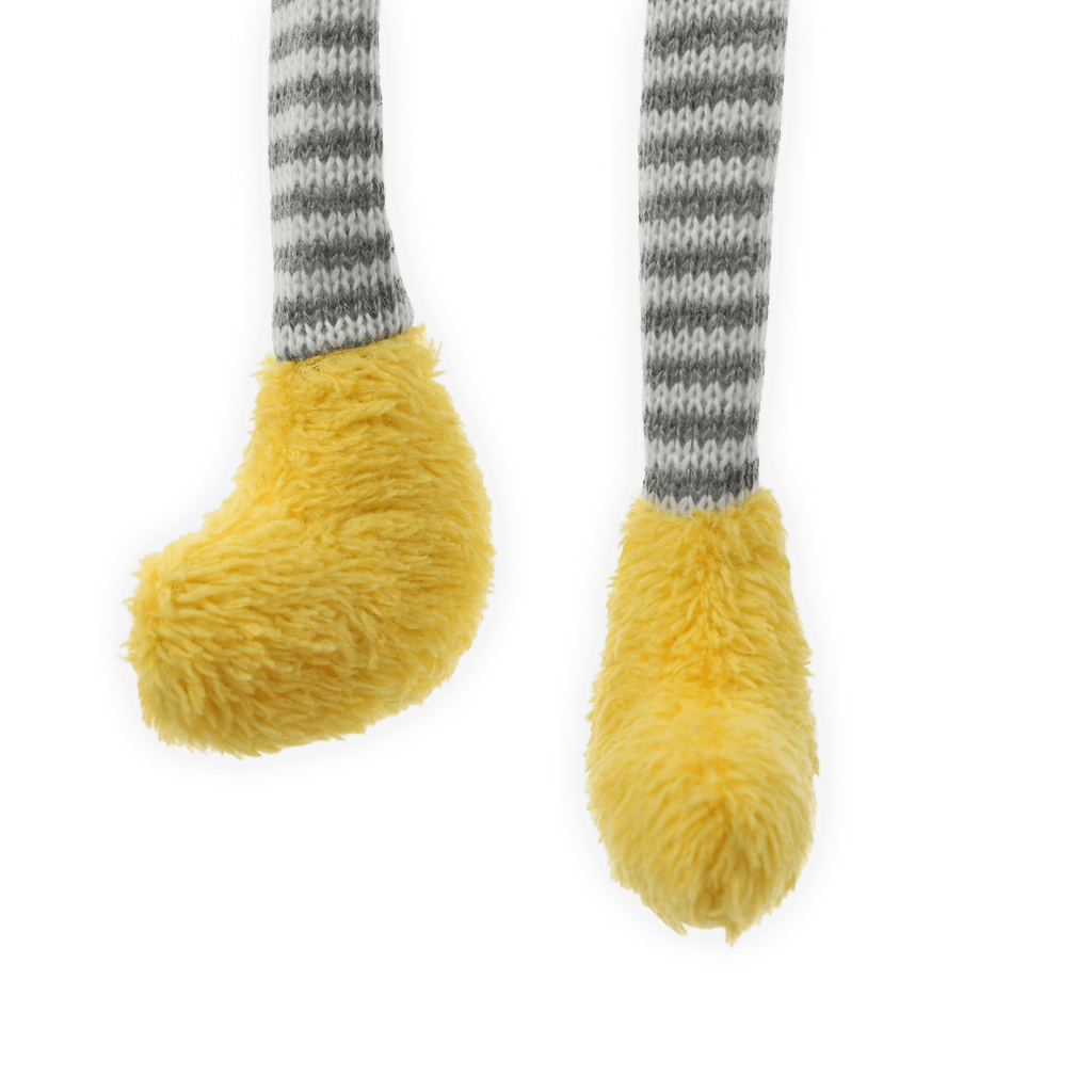 Gnometto da poltrona del BVB con gambe a strisce e morbidi piedini gialli, ideale come decorazione nei colori nero e giallo per i tifosi del Borussia Dortmund.
