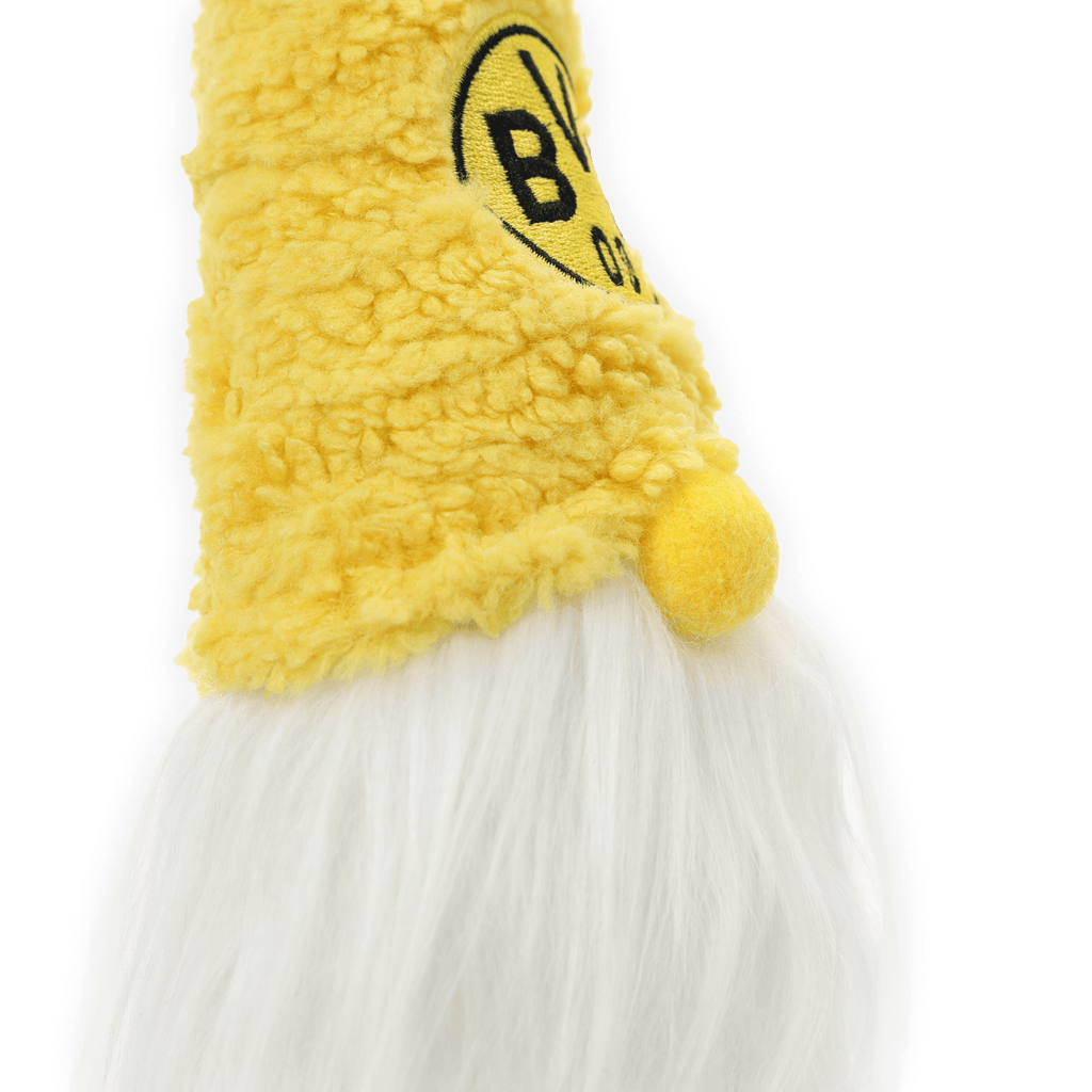 Gnometto del BVB giallo con berretto morbido, barba bianca e logo del BVB ricamato, perfetto come gadget per i tifosi o come decorazione.