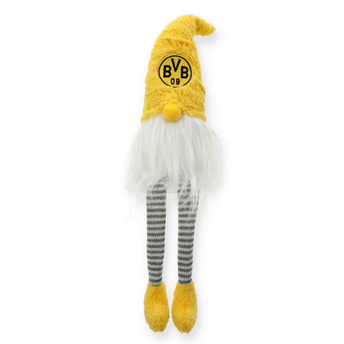 Gnomo da salotto del BVB in nero e giallo, con cappello giallo, barba bianca e gambe a strisce, come articolo decorativo per i tifosi.