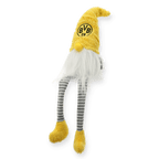 Gnomo da poltrona del BVB con berretto giallo, logo BVB nero, lunghe gambe a righe e dettagli morbidi, ideale come decorazione o regalo.