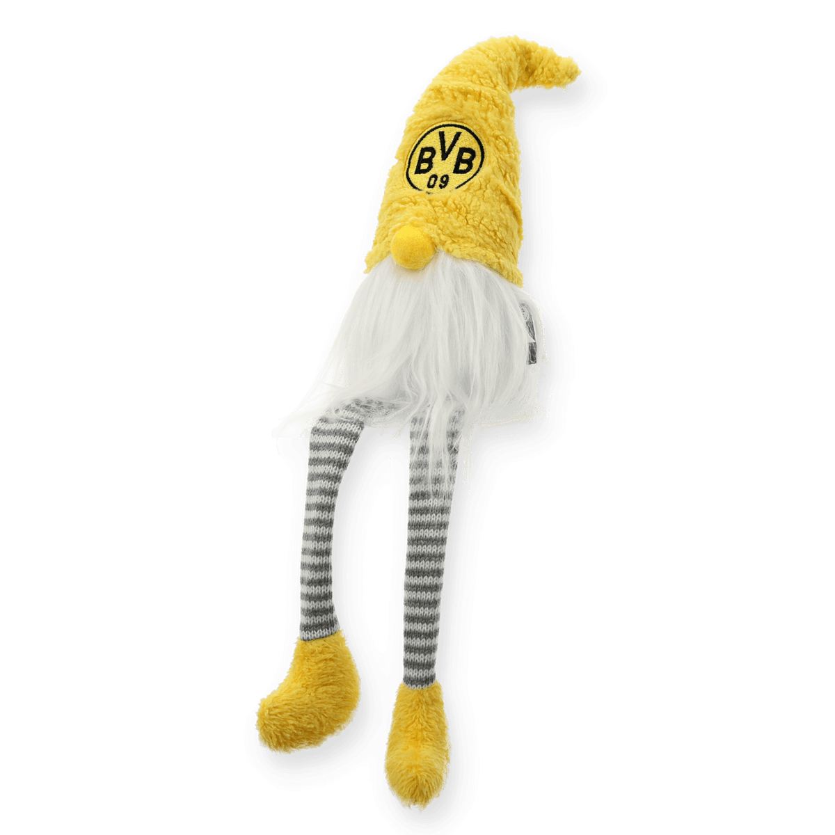 BVB Sitzwichtel mit gelber Mütze, schwarzem BVB-Logo, langen gestreiften Beinen und flauschigen Details, ideal als Dekoration oder Geschenk.