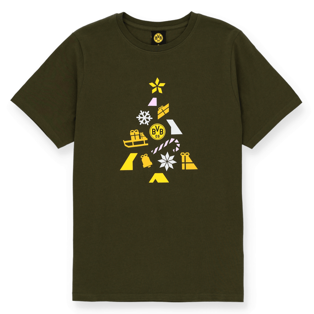 BVB Winter Wonder T-Shirt in Olive mit weihnachtlichem Design und BVB-Logo, ideal für Borussia Dortmund Fans in der kalten Jahreszeit.