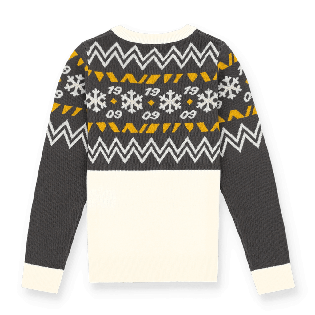Vista posteriore del maglione “Winter Wonder” del BVB per bambini, con motivo a zigzag e fiocchi di neve nei colori nero e giallo e la scritta “1909”.