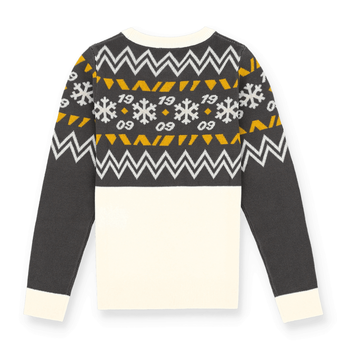 Rückansicht des BVB Winter Wonder Pullovers für Kinder mit schwarzgelbem Zickzack- und Schneeflocken-Design sowie der Aufschrift 1909.
